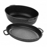 Cratita+tigaie grill din aluminiu cu interior marmorat,capac sticla