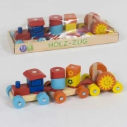 Trenulet din lemn cu 2 vagoane,forme geometrice,multicolore