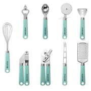 Set 9 ustensile de bucatarie din otel inoxidabil, manere silicon