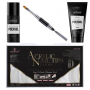 Kit Polygel Premium White, pensula, tipsuri, lichid modelare, 60 g