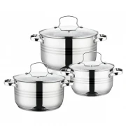 Set 3 Cratite Inox cu Capac din Sticlă,baza triplustratificata, 3.1, 5.1, 6.5  Litri