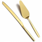 Set spatula si cutit din inox pentru prajituri, auriu