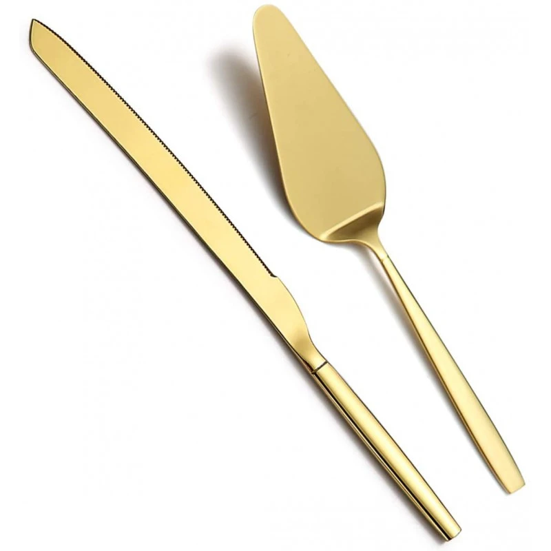 Set spatula si cutit din inox pentru prajituri, auriu