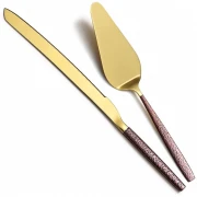 Set spatula si cutit din inox pentru prajituri, auriu/maro