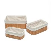 Set 3 cutii din bambus si material textil pentru depozitare, crem