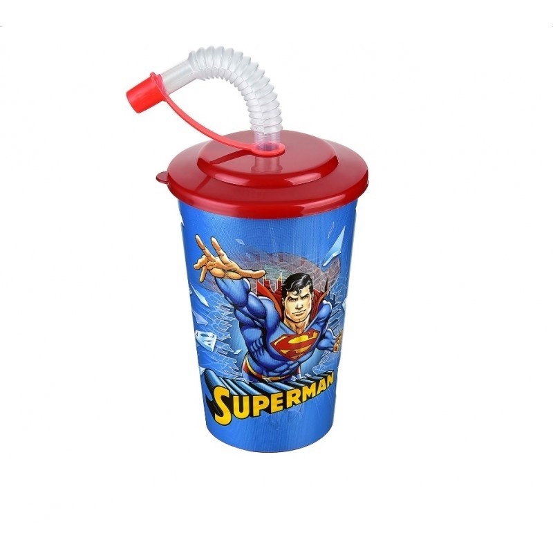 6 Pahare din plastic cu capac si pai, 400 ml, Superman
