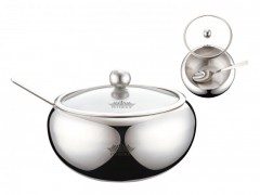 Bol din Inox cu capac sticla si lingurita pentru zahar,550 ml