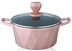 Cratita Grunberg din Aluminiu cu interior Teflonat si capac sticla, 24cm ,4.3L,roz
