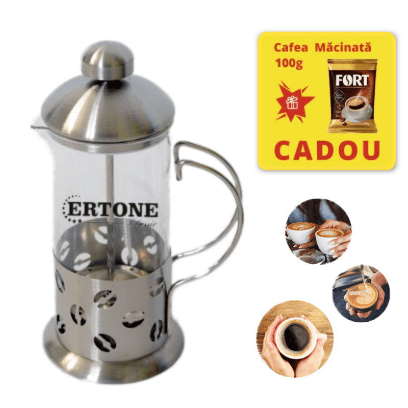 Infuzor ceai si cafea Ertone, 350 ml, Cafea macinata, sticla, inox, argintiu