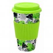Pahar din bambus cu capac si suport din silicon,verde