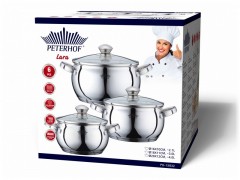 Set 3 cratite Inox cu capac Lara Peterhof,2.1,3,4 Litri,6 piese,baza 5 straturi