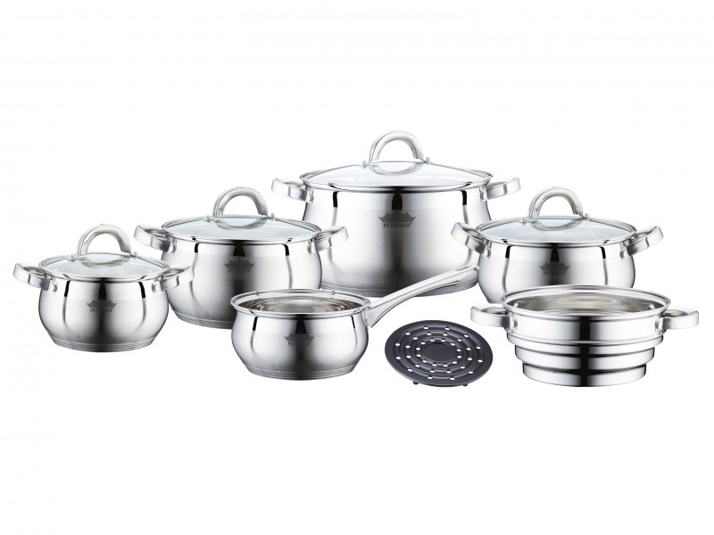 Set 5 Oale din Inox cu Vas Aburi Apollo Peterhof, Capace din Sticla,Fund 5 Straturi, Steamer,11 piese