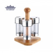 Set Condimente cu Suport din Bambus Pineta Peterhof, 4 piese, Inox,Sticla