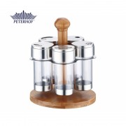 Set Condimente cu Suport din Bambus Pineta Peterhof, 6 piese, Inox,Sticla