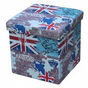 Taburet cu Spatiu Depozitare, 38 x 38 cm, piele ecologica,imprimeu London