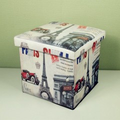 Taburet cu Spatiu Depozitare, 38 x 38 cm, piele ecologica,imprimeu Paris