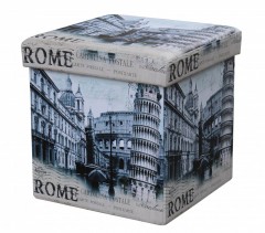 Taburet cu Spatiu Depozitare, 38 x 38 cm, piele ecologica,imprimeu Roma