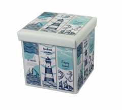 Taburet cu Spatiu Depozitare, 38 x 38 cm, piele ecologica,imprimeu Travel
