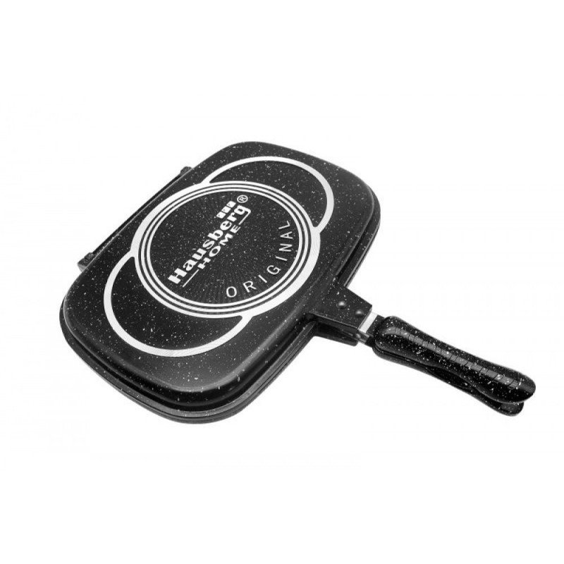 Tigaie aluminiu dubla Grill Hausberg Home,30 cm,interior marmorat,negru
