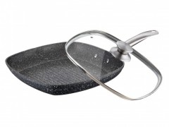 Tigaie Grill Aluminiu,Invelis marmura,28 cm,Peterhof,7 straturi,capac sticla