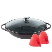 Tigaie Wok aluminiu cu interior marmorat si capac sticla, 36 cm,manere detasabile