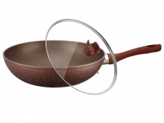 Tigaie Wok din Aluminiu Vulcano Peterhof cu interior granit si maner lemn,30 cm,capac din sticla
