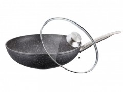 Tigaie Wok Le CHEF Peterhof cu interior granit si maner Inox,capac din sticla, 30cm