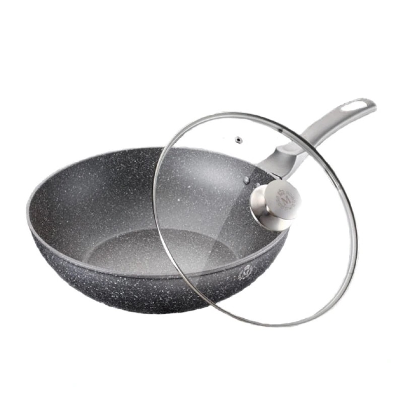 Tigaie Wok Meisterklasse cu interior granit si capac sticla, 32 cm