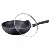 Tigaie Wok Peterhof cu interior granit, maner ebonită si capac sticla, 28 cm