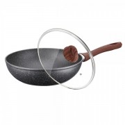 Tigaie Wok Peterhof cu interior granit si maner lemn,capac din sticla, 30 cm