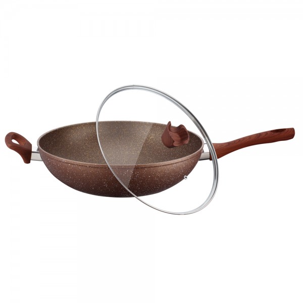 Tigaie Wok Peterhof din Aluminiu cu interior granit, manere bachelita si capac sticla, 34 cm